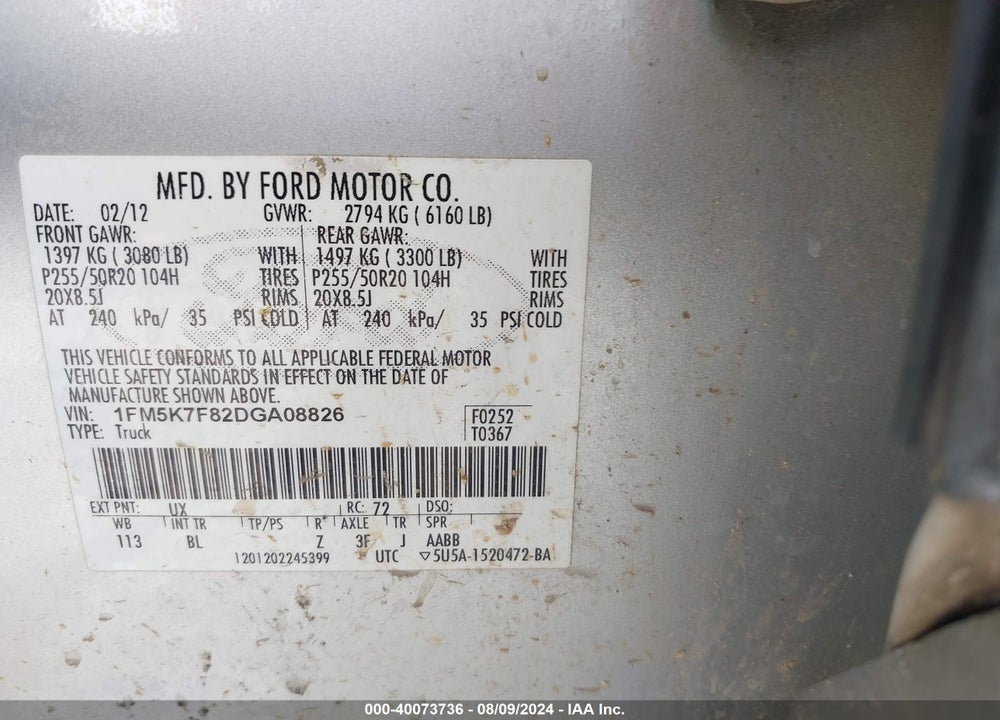 2013 FORD EXPLORER VIN: 1FM5K7F82DGA08826