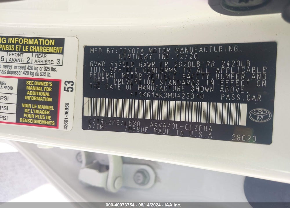 2021 TOYOTA CAMRY XSE VIN: 4T1K61AK3MU423310