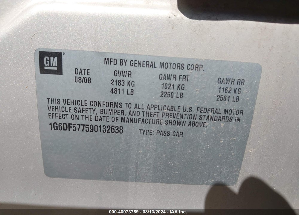 2009 CADILLAC CTS STANDARD VIN: 1G6DF577590132638