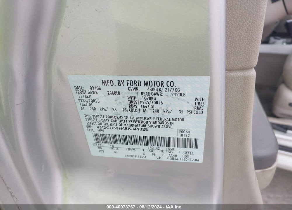 2008 MERCURY MARINER HYBRID VIN: 4M2CU39H48KJ41028