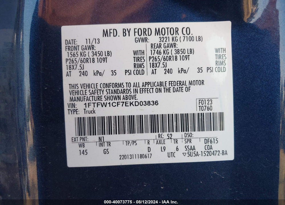 2014 FORD F-150 XLT VIN: 1FTFW1CF7EKD03836