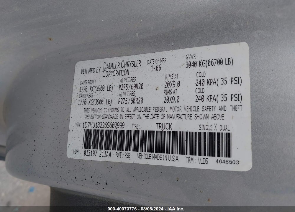2006 DODGE RAM 1500 LARAMIE VIN: 1D7HU18226S602999