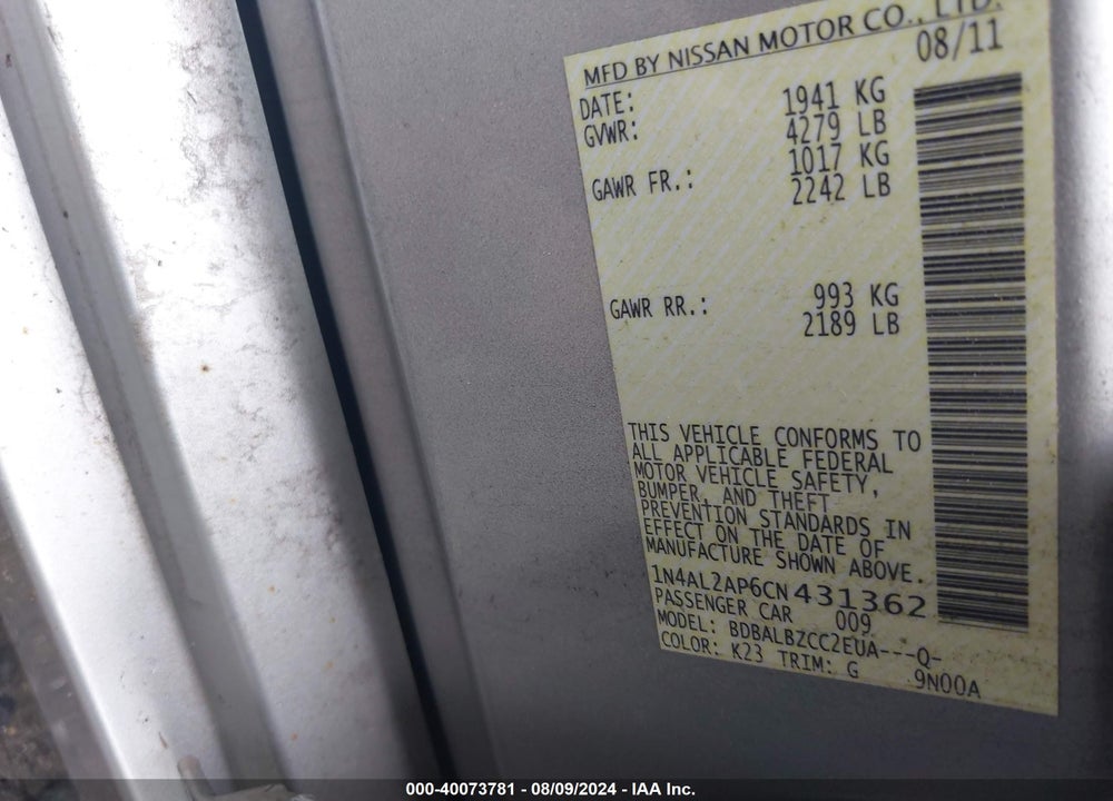 2012 NISSAN ALTIMA 2.5 S VIN: 1N4AL2AP6CN431362