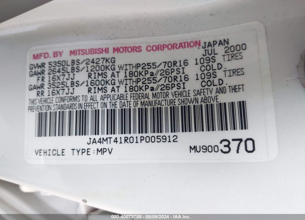 2001 MITSUBISHI MONTERO SPORT LTD VIN: JA4MT41R01P005912