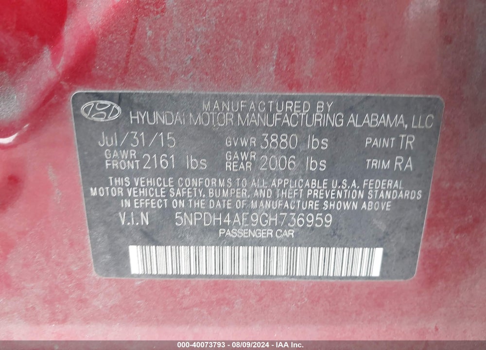 2016 HYUNDAI ELANTRA SE VIN: 5NPDH4AE9GH736959