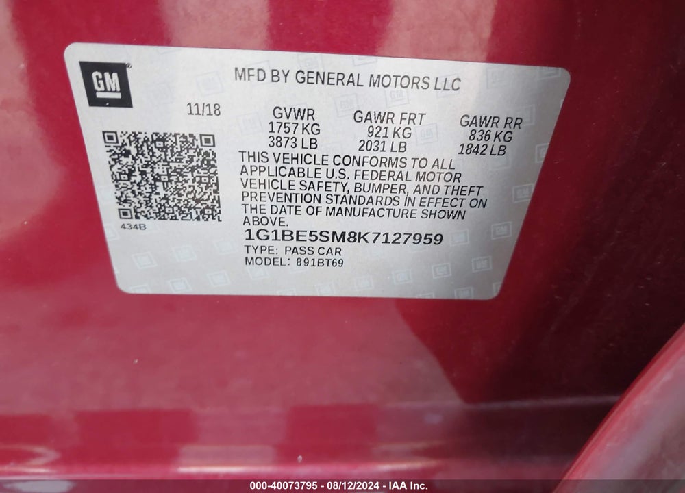 2019 CHEVROLET CRUZE LT VIN: 1G1BE5SM8K7127959