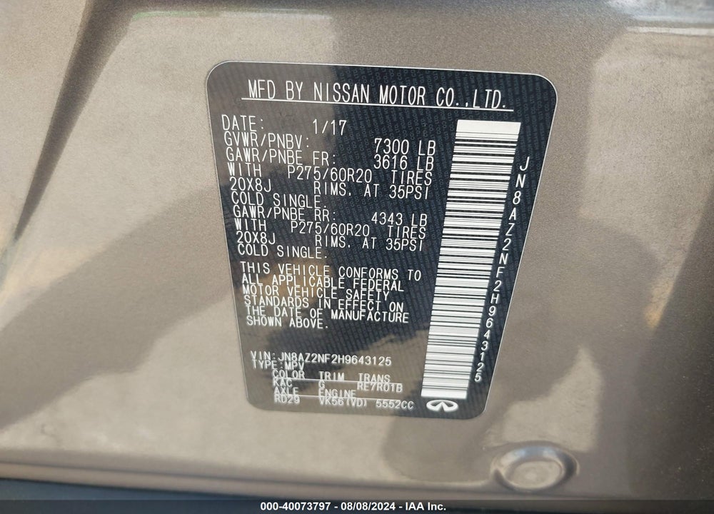 2017 INFINITI QX80 VIN: JN8AZ2NF2H9643125