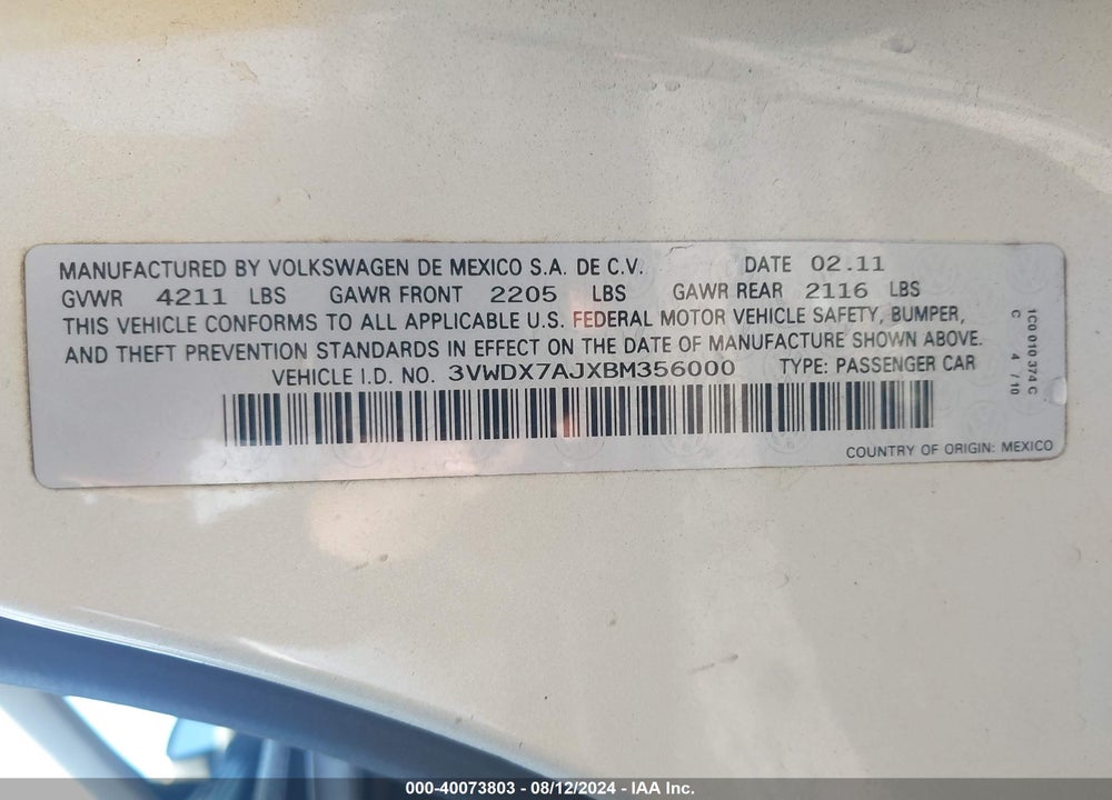 2011 VOLKSWAGEN JETTA 2.5L SE VIN: 3VWDX7AJXBM356000