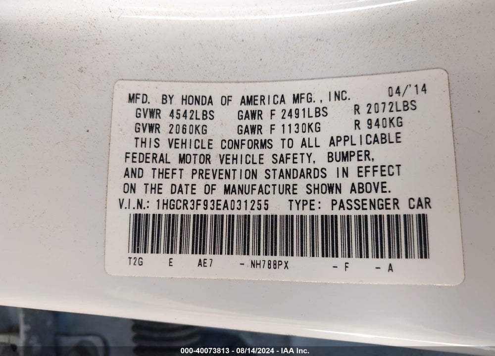 2014 HONDA ACCORD TOURING VIN: 1HGCR3F93EA031255