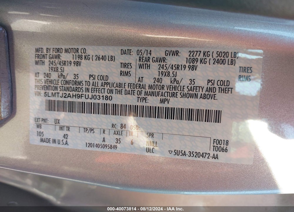 2015 LINCOLN MKC VIN: 5LMTJ2AH9FUJ03180