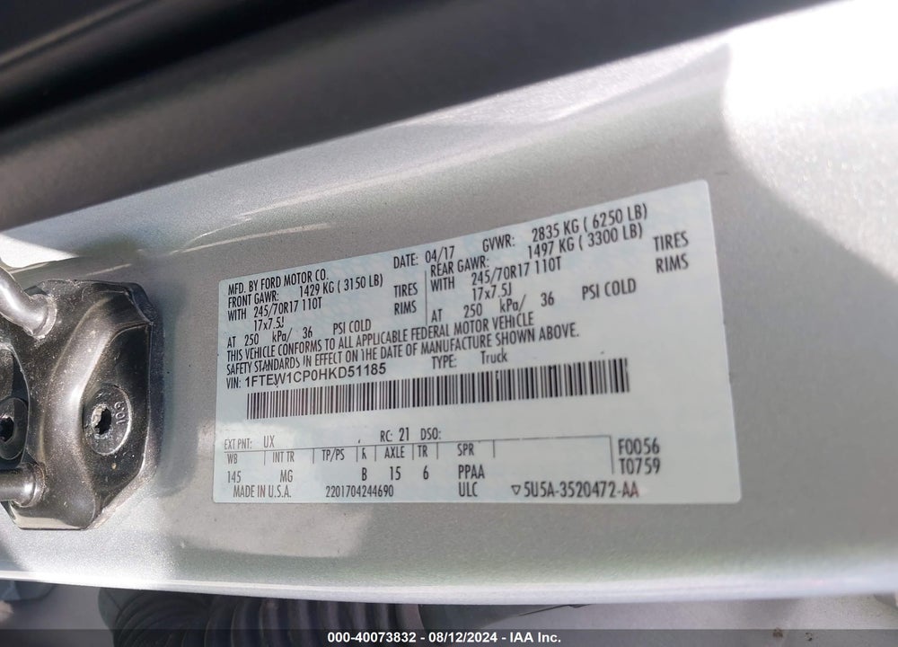 2017 FORD F-150 XLT VIN: 1FTEW1CP0HKD51185