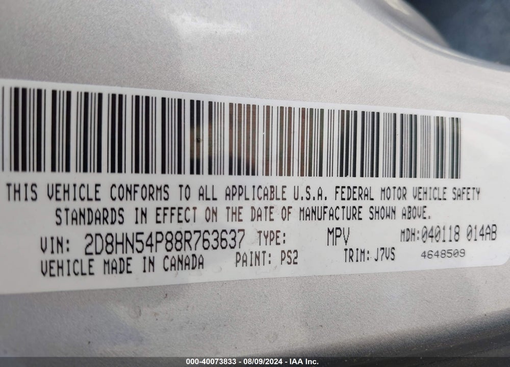 2008 DODGE GRAND CARAVAN SXT VIN: 2D8HN54P88R763637