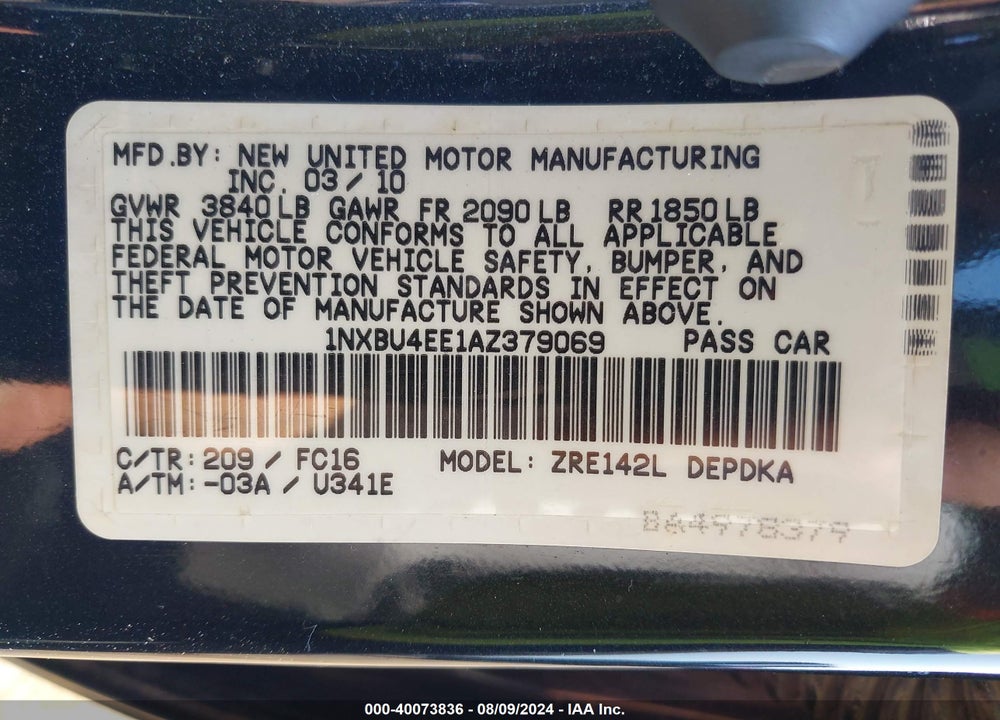 2010 TOYOTA COROLLA VIN: 1NXBU4EE1AZ379069