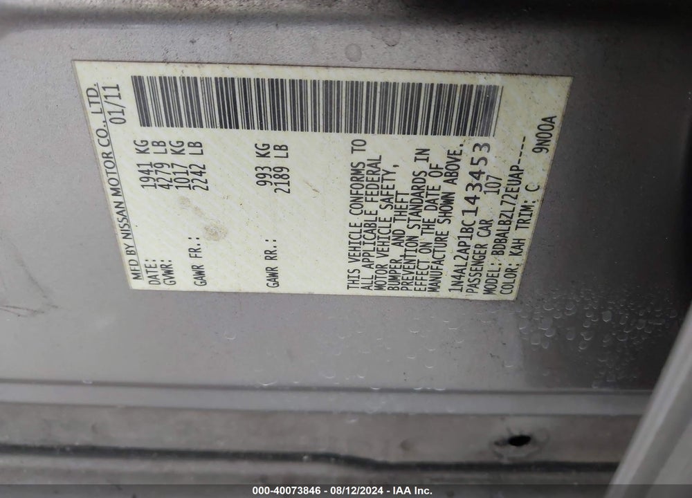 2011 NISSAN ALTIMA 2.5 S VIN: 1N4AL2AP1BC143453