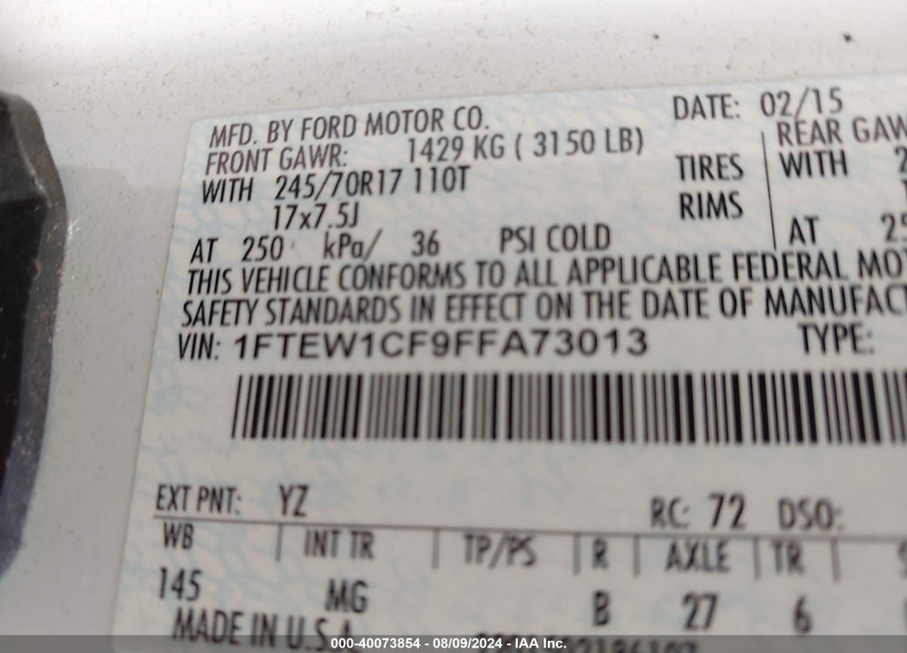 2015 FORD F-150 XLT VIN: 1FTEW1CF9FFA73013