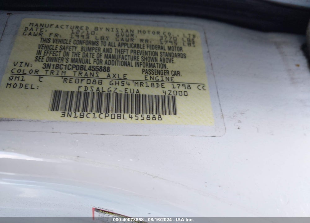 2011 NISSAN VERSA 1.8SL VIN: 3N1BC1CP0BL455888
