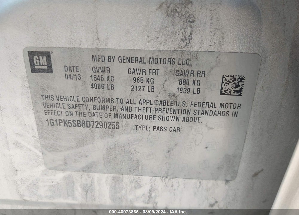 2013 CHEVROLET CRUZE LT VIN: 1G1PK5SB8D7290255
