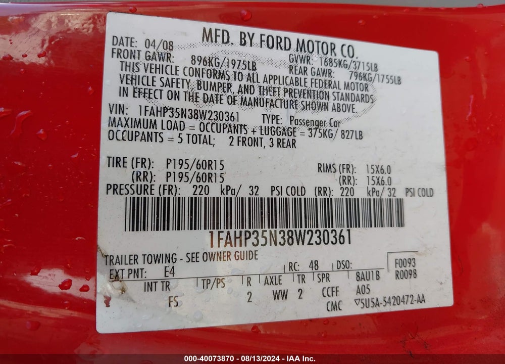 2008 FORD FOCUS SE VIN: 1FAHP35N38W230361