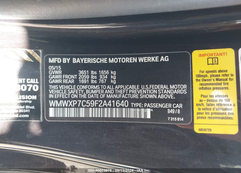 2015 MINI HARDTOP COOPER S VIN: WMWXP7C59F2A41640