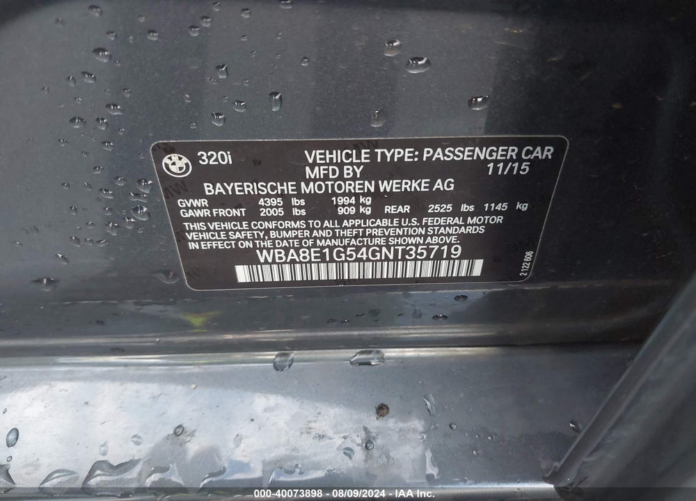 2016 BMW 320I VIN: WBA8E1G54GNT35719