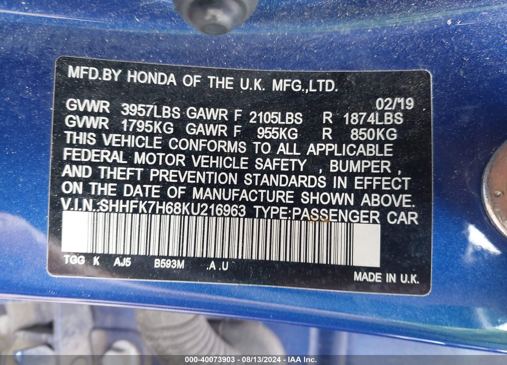 2019 HONDA CIVIC EX VIN: SHHFK7H68KU216963
