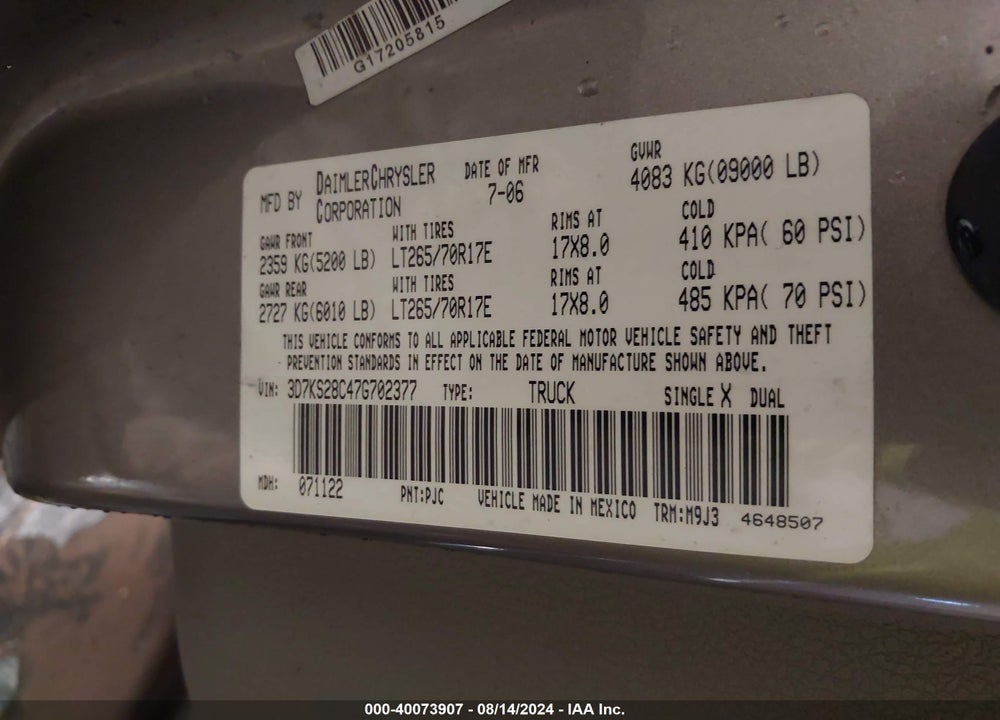 2007 DODGE RAM 2500 ST/SLT VIN: 3D7KS28C47G702377