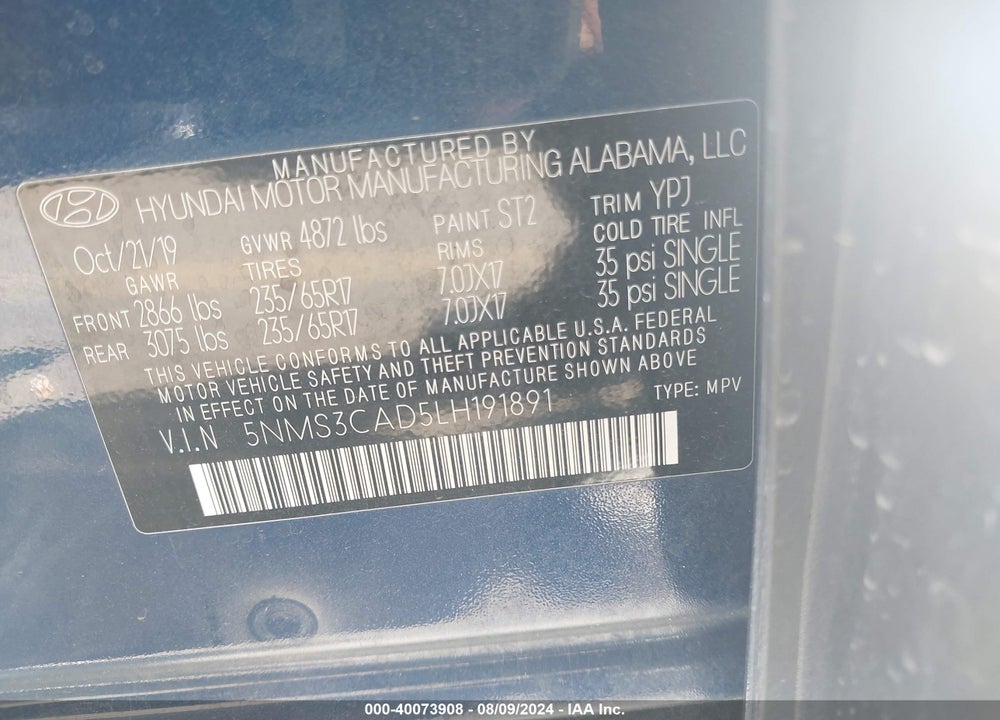 2020 HYUNDAI SANTA FE SEL VIN: 5NMS3CAD5LH191891