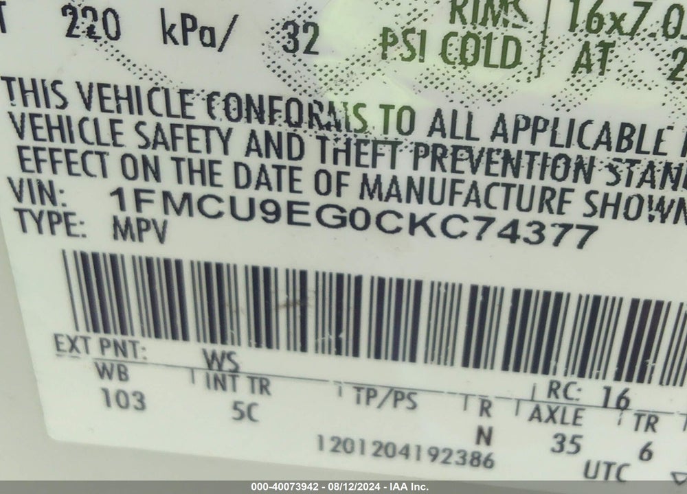 2012 FORD ESCAPE VIN: 1FMCU9EG0CKC74377
