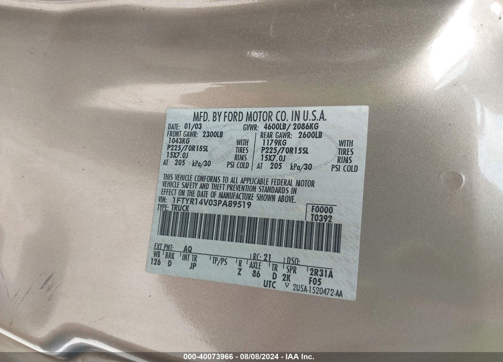 2003 FORD RANGER EDGE/TREMOR/XL/XLT VIN: 1FTYR14V03PA89519