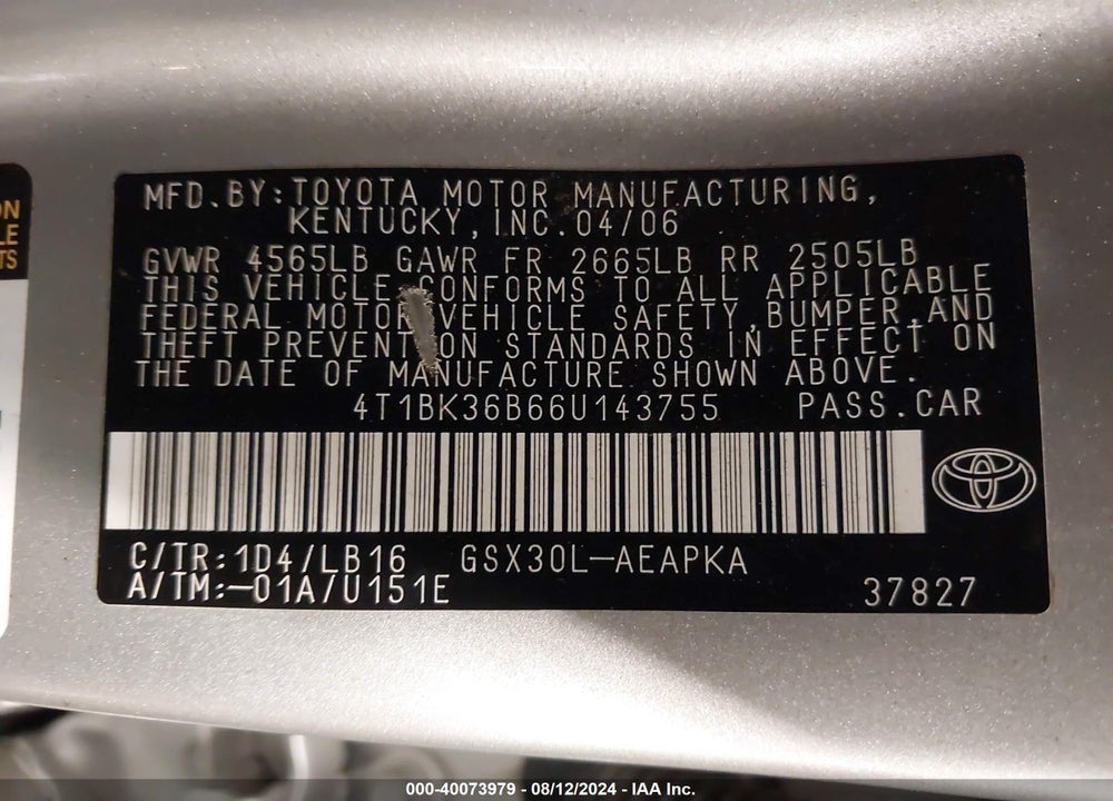 2006 TOYOTA AVALON XL/XLS/TOURING/LIMITED VIN: 4T1BK36B66U143755