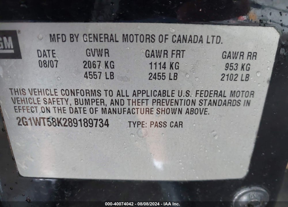 2008 CHEVROLET IMPALA LT VIN: 2G1WT58K289189734