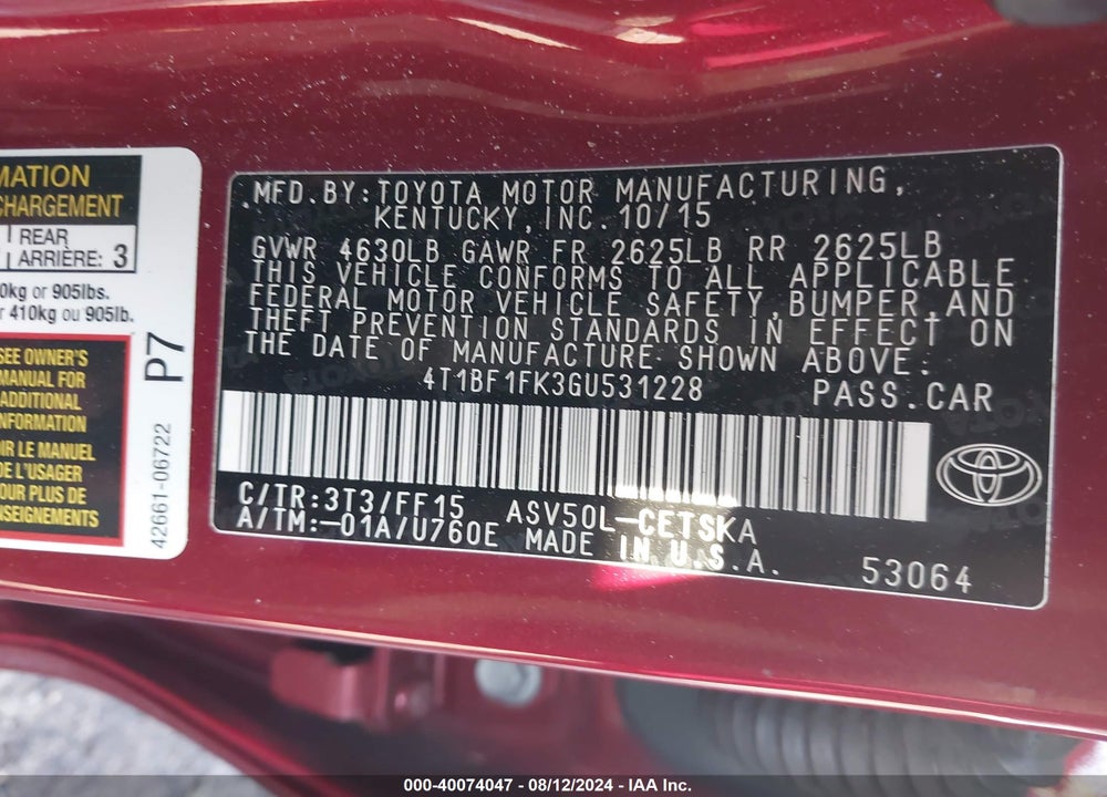 2016 TOYOTA CAMRY SE VIN: 4T1BF1FK3GU531228