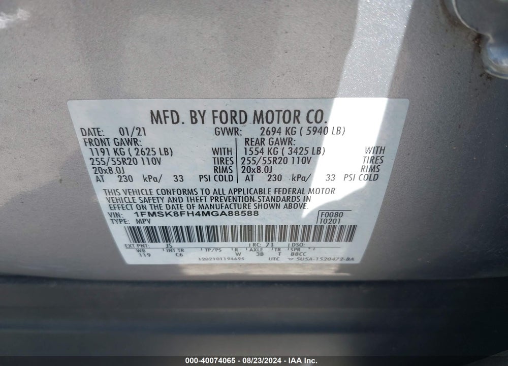 2021 FORD EXPLORER LIMITED VIN: 1FMSK8FH4MGA88588