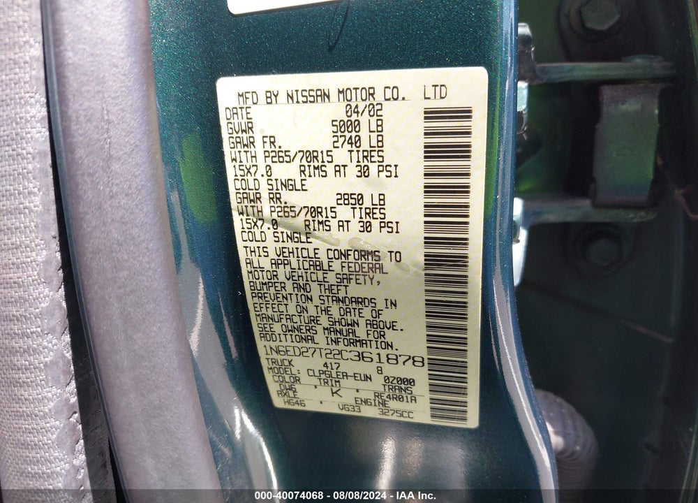 2002 NISSAN FRONTIER XE-V6 VIN: 1N6ED27T22C361878