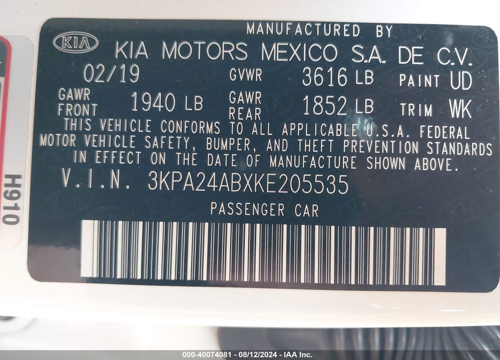 2019 KIA RIO S VIN: 3KPA24ABXKE205535