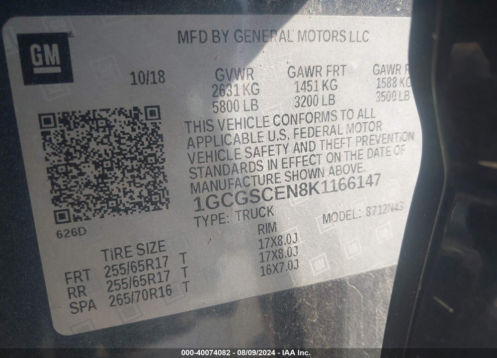 2019 CHEVROLET COLORADO LT VIN: 1GCGSCEN8K1166147