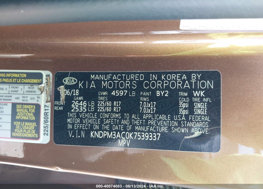 2019 KIA SPORTAGE LX VIN: KNDPM3AC0K7539337