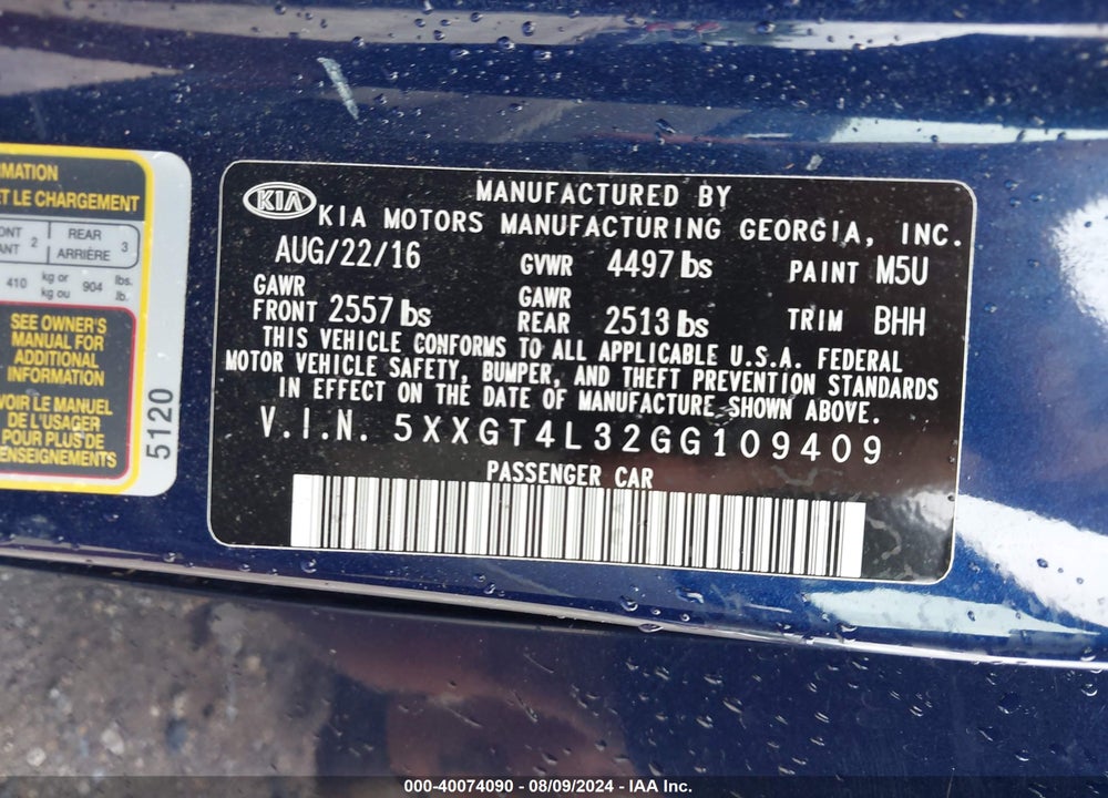 2016 KIA OPTIMA LX VIN: 5XXGT4L32GG109409