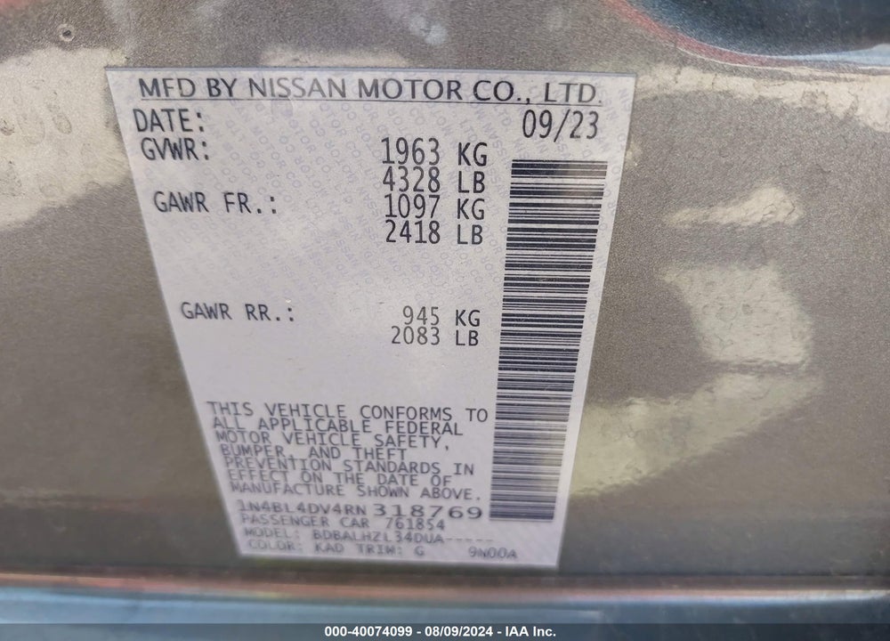 2024 NISSAN ALTIMA SV FWD VIN: 1N4BL4DV4RN318769