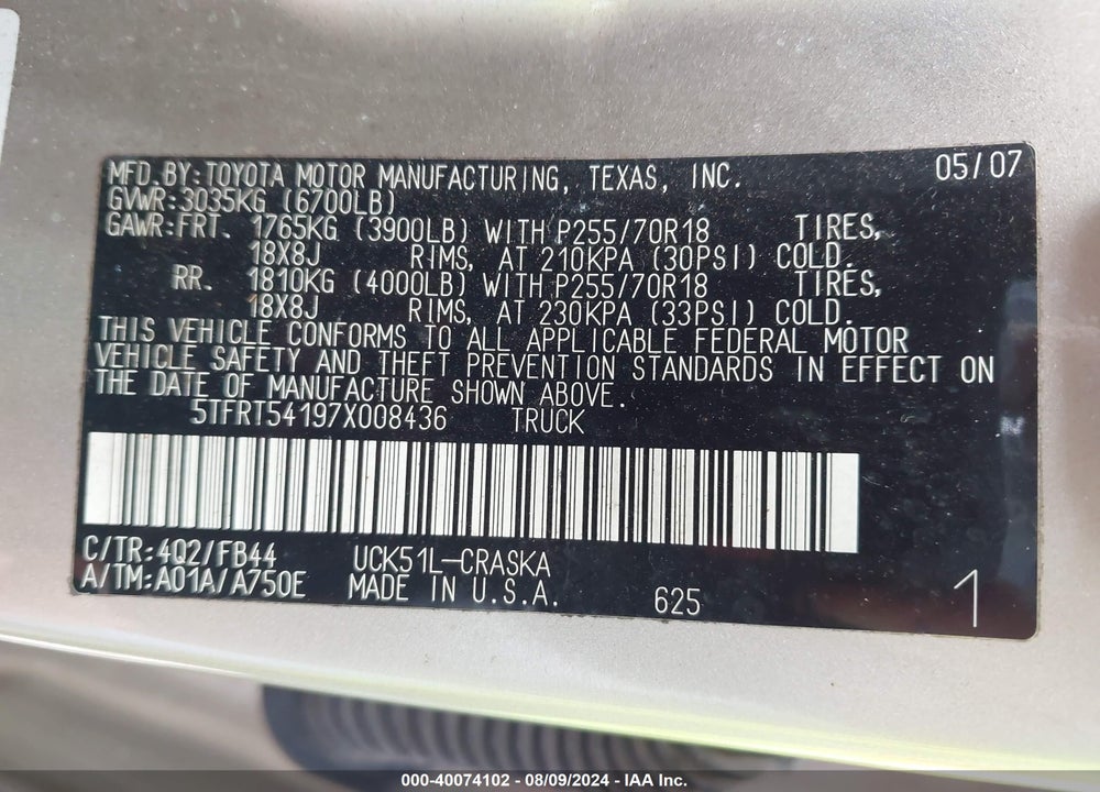 2007 TOYOTA TUNDRA SR5 4.7L V8 VIN: 5TFRT54197X008436