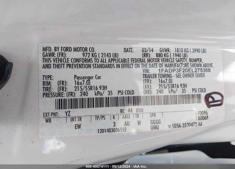 2014 FORD FOCUS SE VIN: 1FADP3F20EL275368