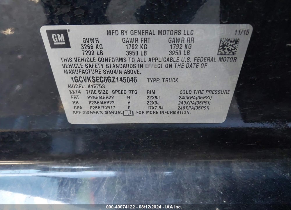 2016 CHEVROLET SILVERADO 1500 1LZ VIN: 1GCVKSEC6GZ145046