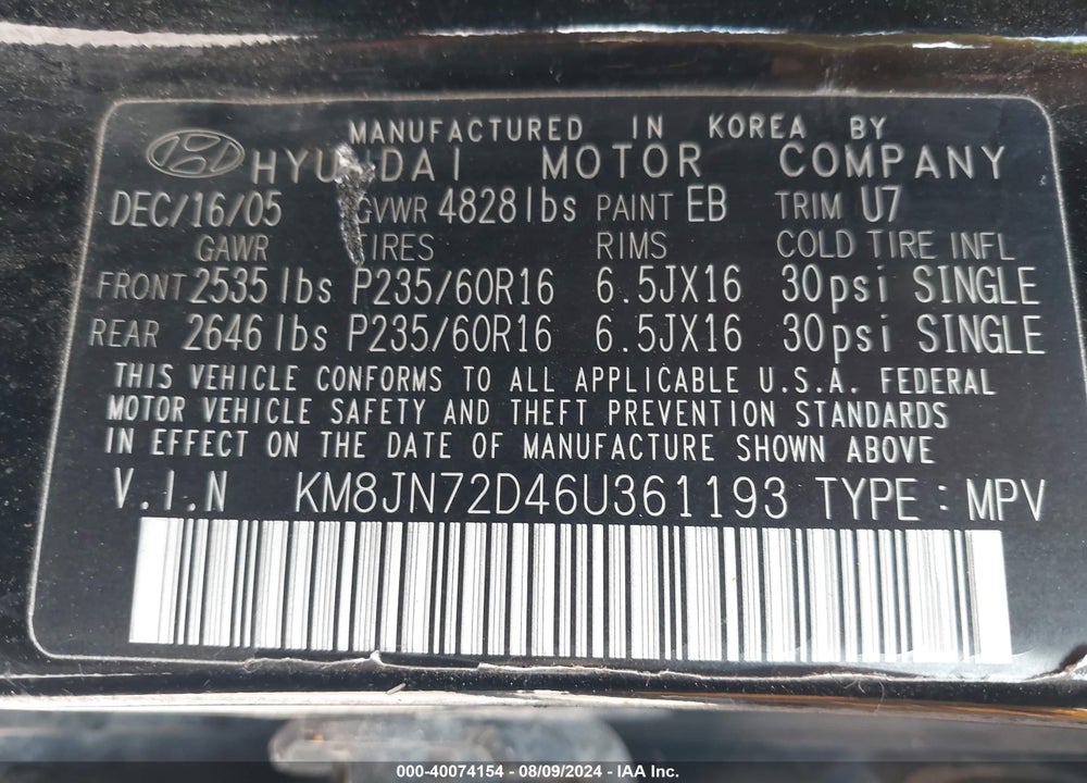 2006 HYUNDAI TUCSON GLS/LIMITED VIN: KM8JN72D46U361193