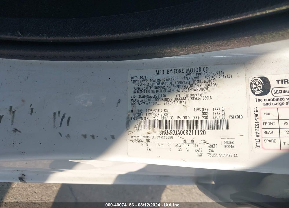 2012 FORD FUSION SEL VIN: 3FAHP0JA0CR211120