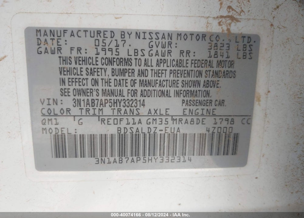 2017 NISSAN SENTRA SV VIN: 3N1AB7AP5HY332314