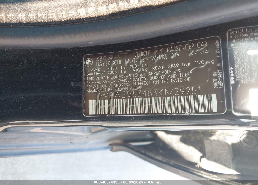 2003 BMW 330I VIN: WBAEV53483KM29251