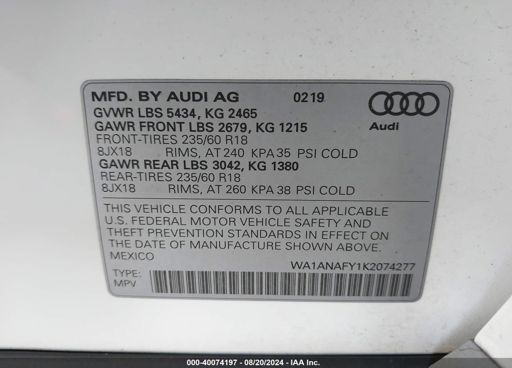 2019 AUDI Q5 45 PREMIUM VIN: WA1ANAFY1K2074277