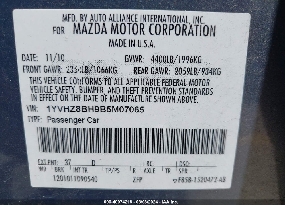 2011 MAZDA MAZDA6 VIN: 1YVHZ8BH9B5M07065