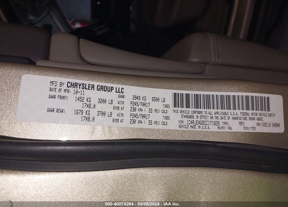 2012 JEEP GRAND CHEROKEE LAREDO VIN: 1C4RJEAG9CC171829