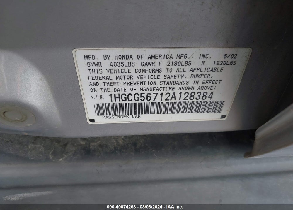 2002 HONDA ACCORD 2.3 SE VIN: 1HGCG56712A128384